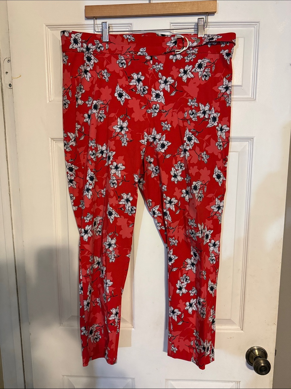 Red Floral Stretch Pants for Women